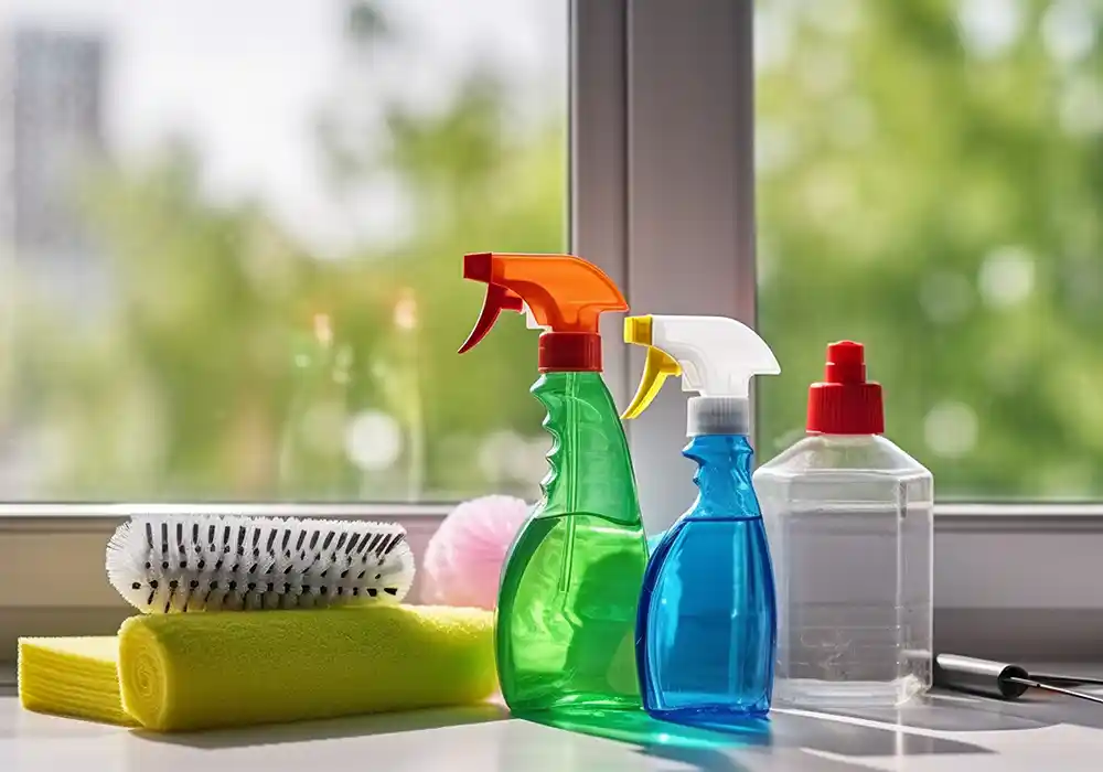 cleaning products on a window